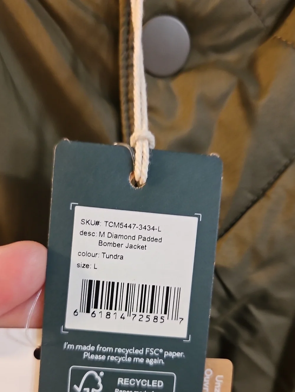 tentree Men’s Diamond Padded Bomber Jacket: GREEN: NEW WITH TAGS: SIZE L